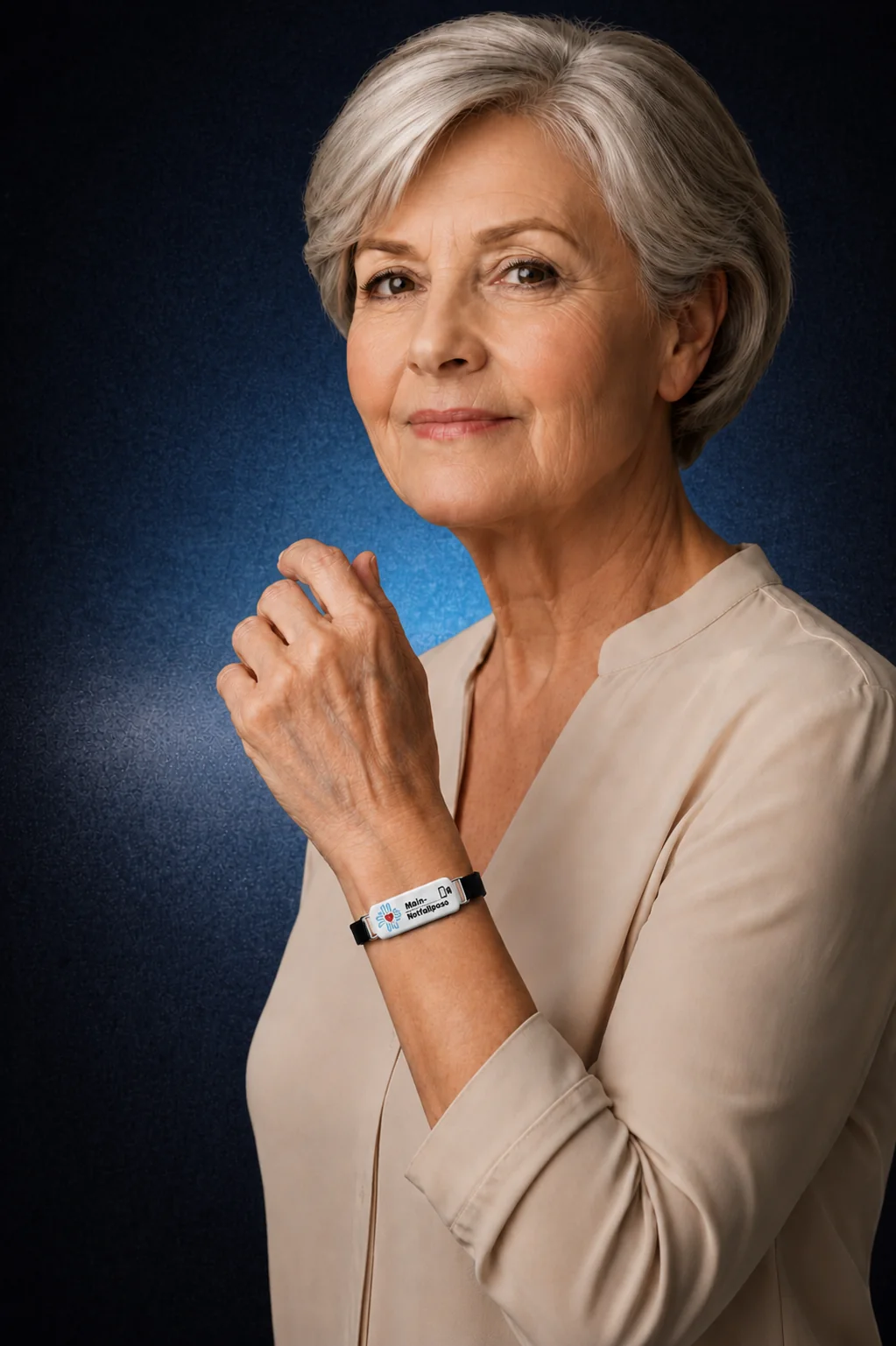 Seniorin mit Notfallpass-Armband am Handgelenk